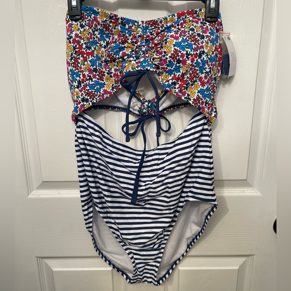Time and Tru Floral Stripe One Piece w/ Removable Straps and Padding